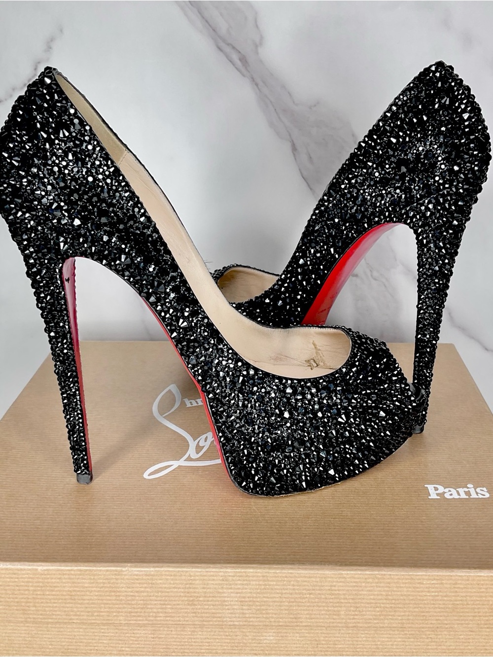 Christian Louboutin Black Crystal Bling Strass Lady Peep Size EU 41.5 / US 11.5